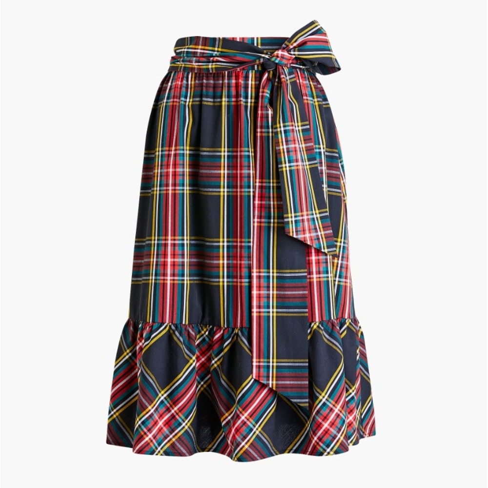 J.Crew Big Bow Midi Skirt Black Tartan Plaid Ruffle Hem Tie Waist Holiday Size 8